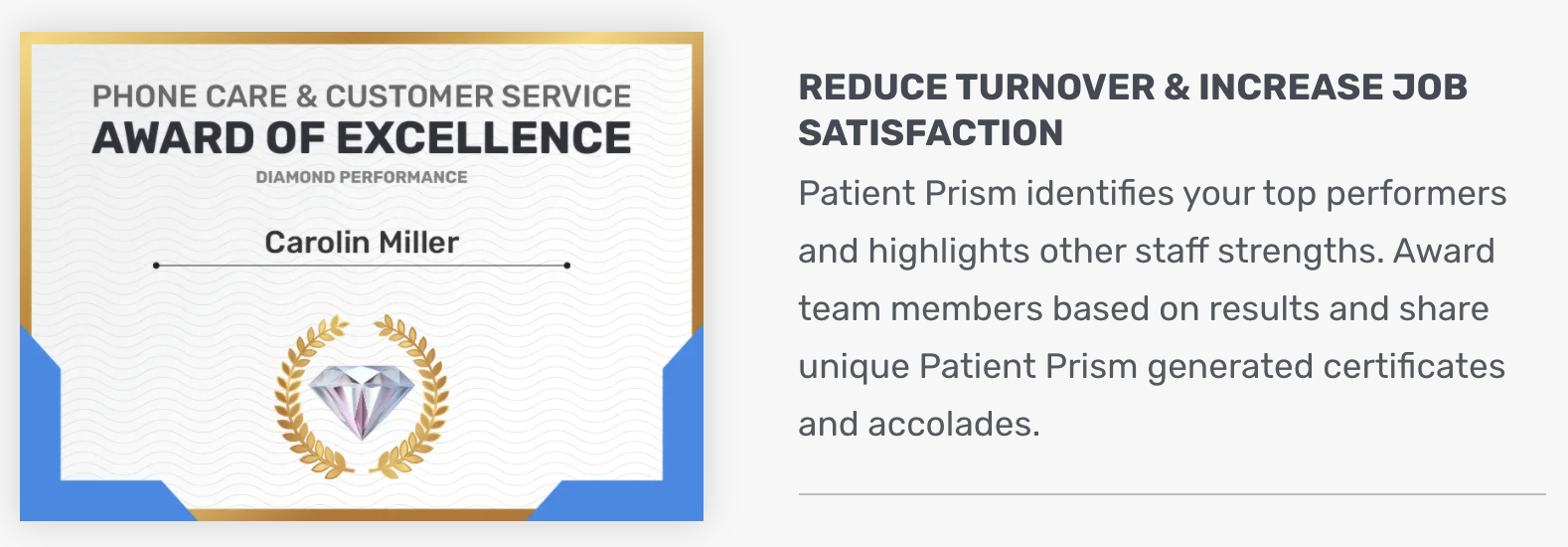Patient Prism staff performance award of excellence certificate